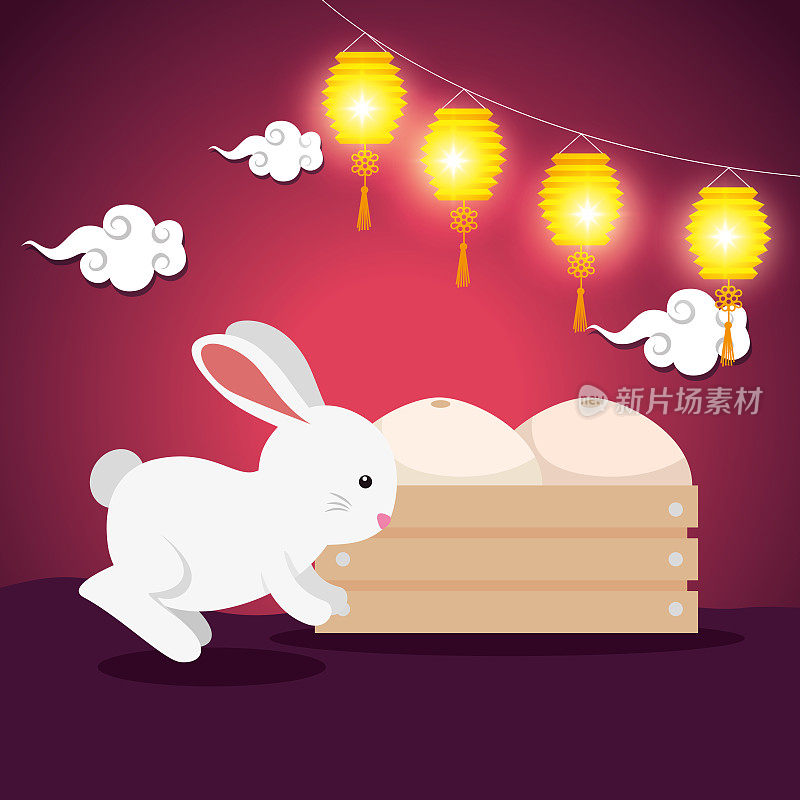 rabbit with food and lanterns decoration hanging with clouds